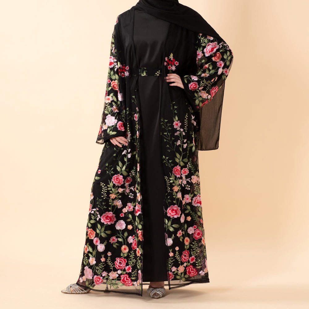 3D-Style Rose Garden Embroidered Open Abaya (MOA275) by Mariam's Collection
