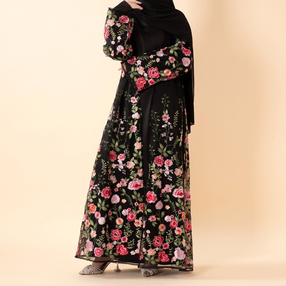 3D-Style Rose Garden Embroidered Open Abaya (MOA275) by Mariam's Collection