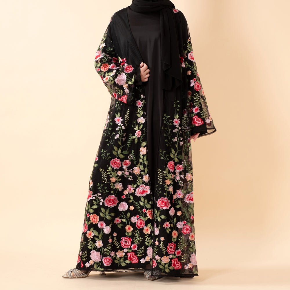 3D-Style Rose Garden Embroidered Open Abaya (MOA275) by Mariam's Collection