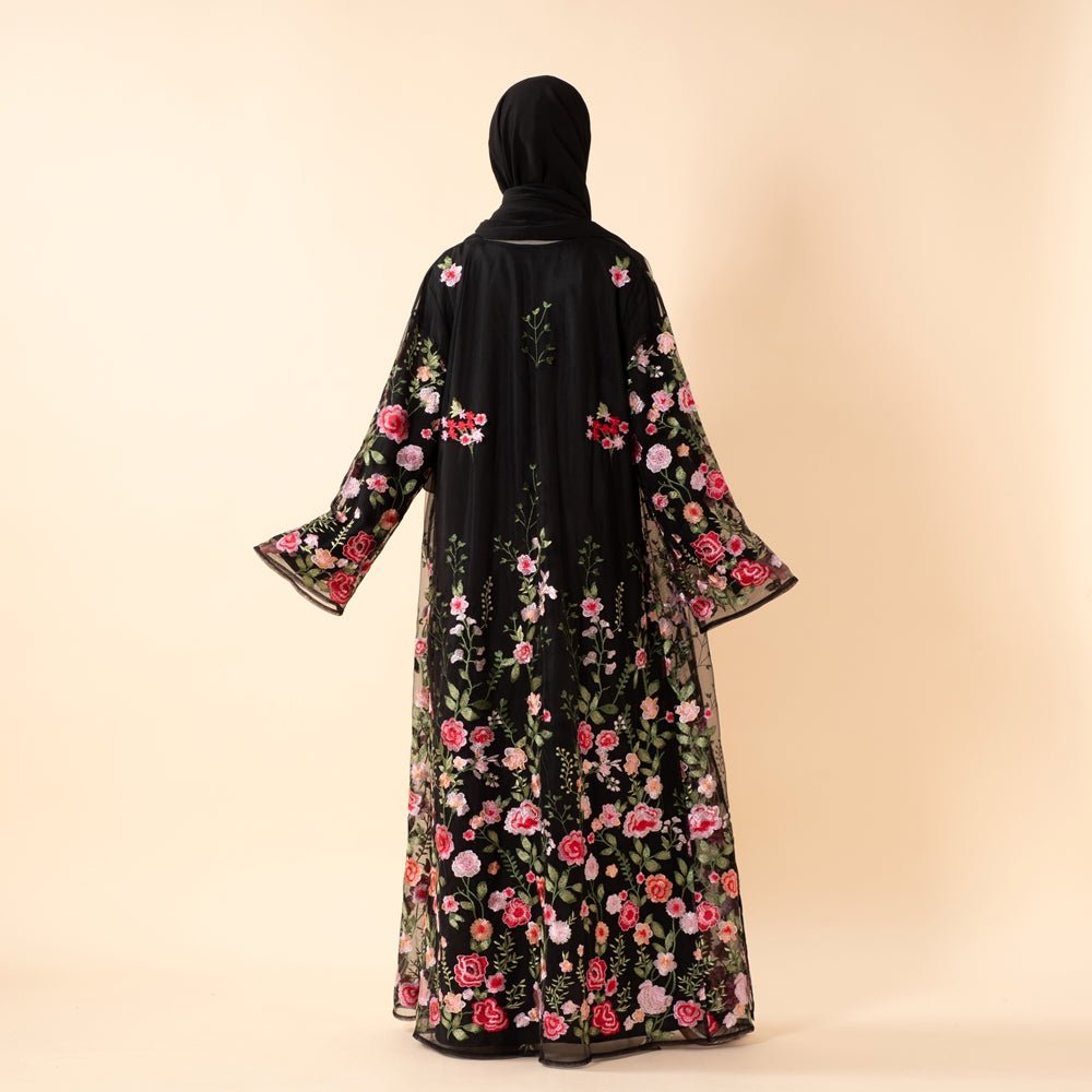 3D-Style Rose Garden Embroidered Open Abaya (MOA275) by Mariam's Collection
