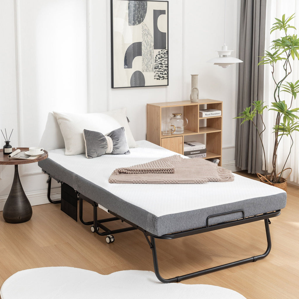 Foldable Metal Frame Bed For Guest With Memory Foam Mattress On Wheels, Saving Space Rollaway Bed by Unique Piece Furniture