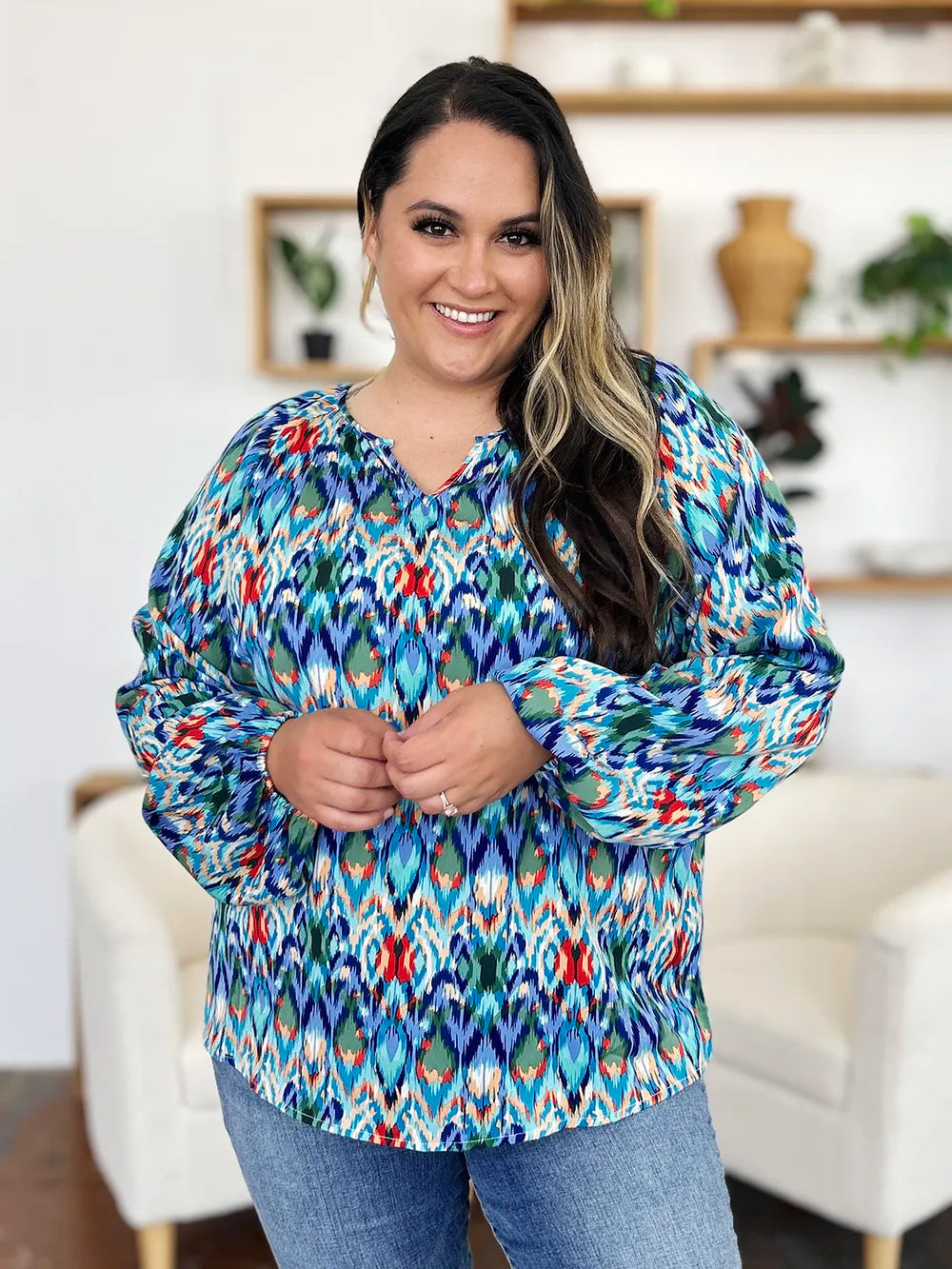 Double Take Full Size Printed Balloon Sleeve Blouse by Wild and Free Boutique