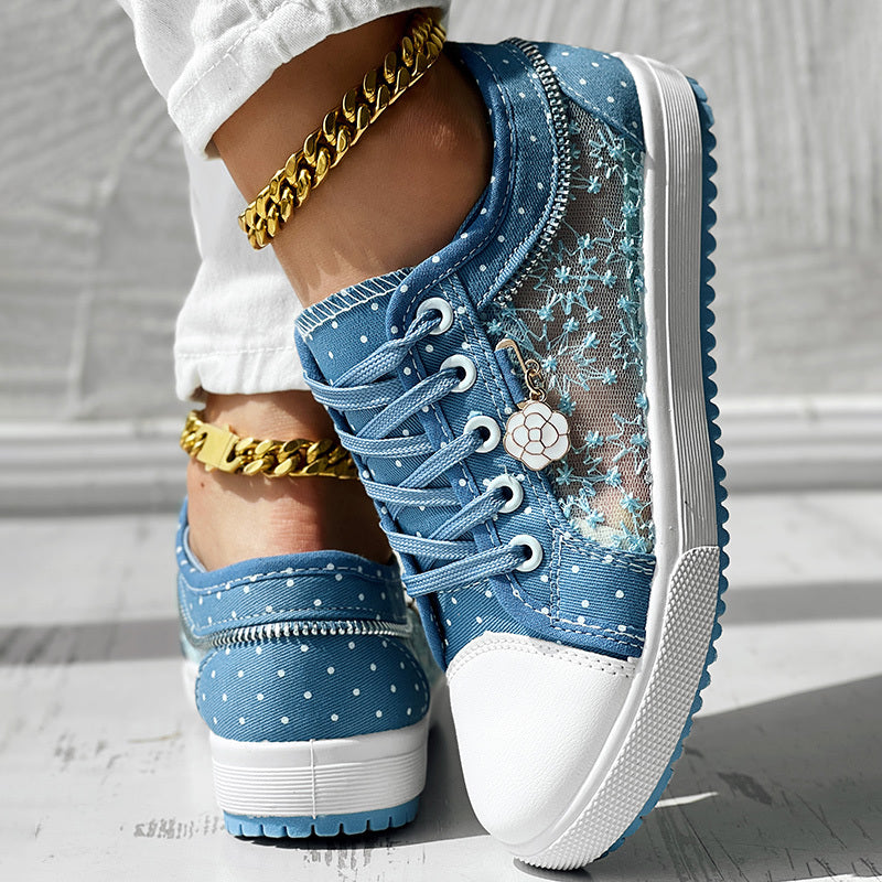 Floral Embroidered Polka Dot Print Sneakers — Women’s Casual Canvas Shoes by FitiqueFit
