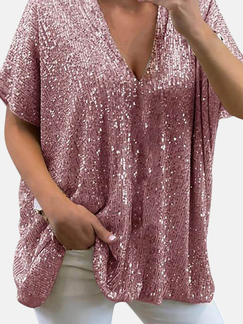 Full Size Sequin V-Neck Short Sleeve Top for Women by Selvanelle