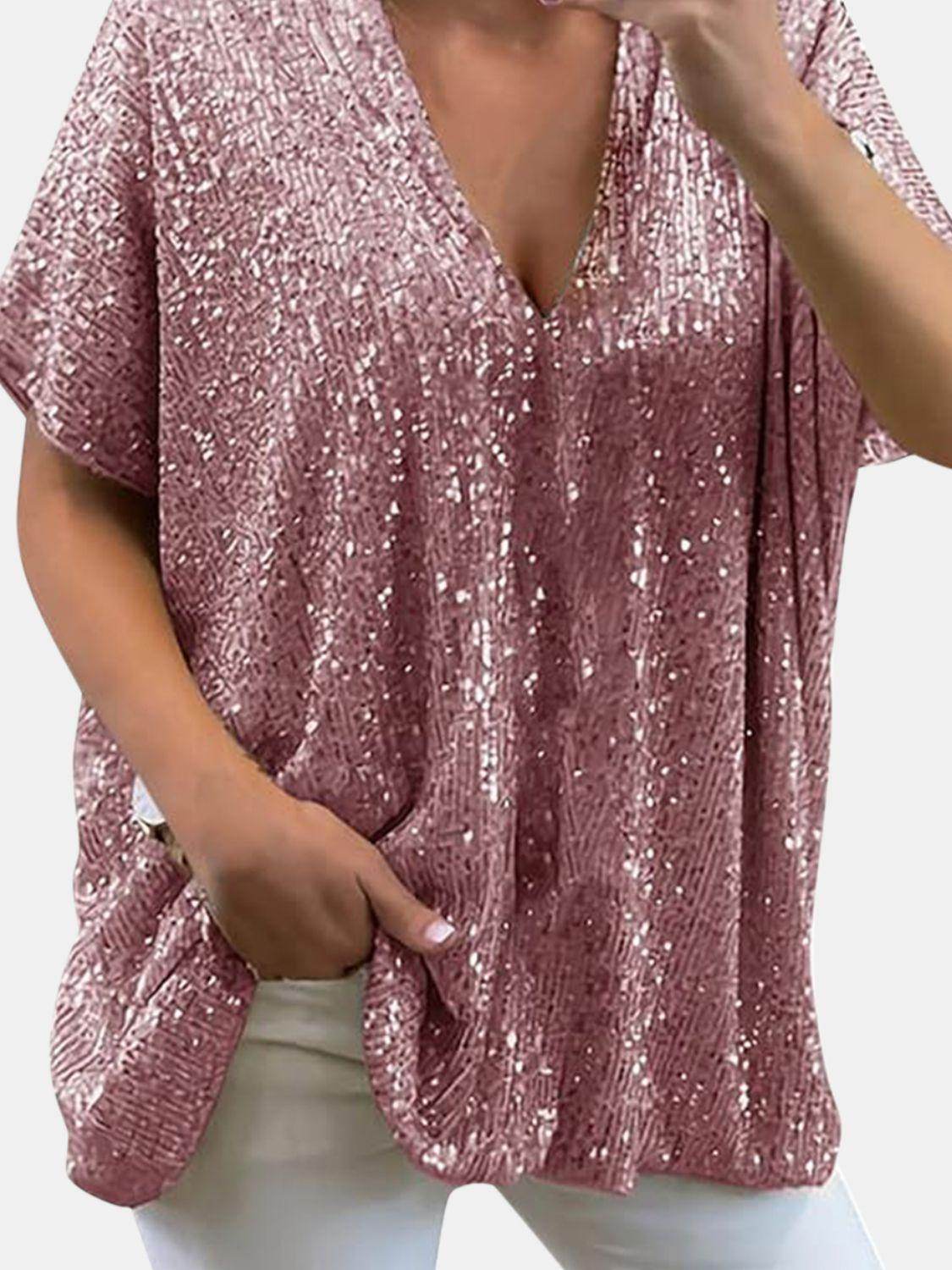 Full Size Sequin V-Neck Short Sleeve Top for Women by Selvanelle