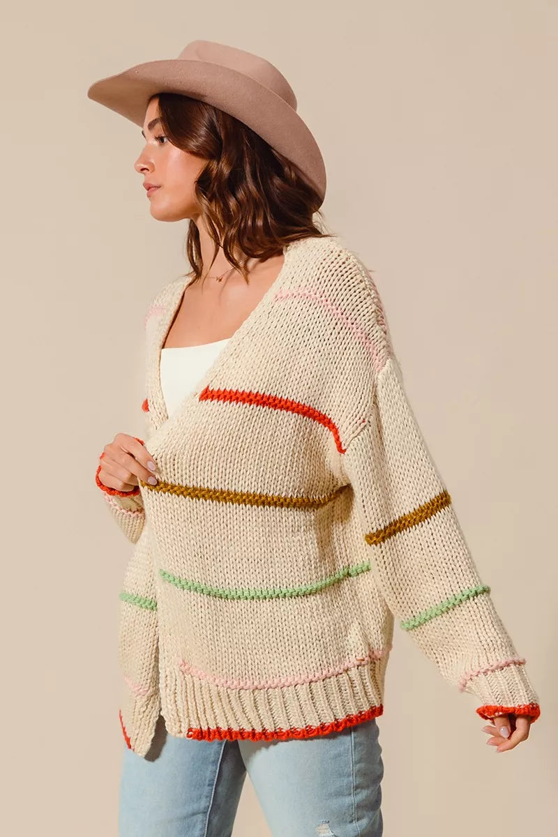 SO ME Loose Fit Multi Stripe Open Front Cardigan by FitiqueFit