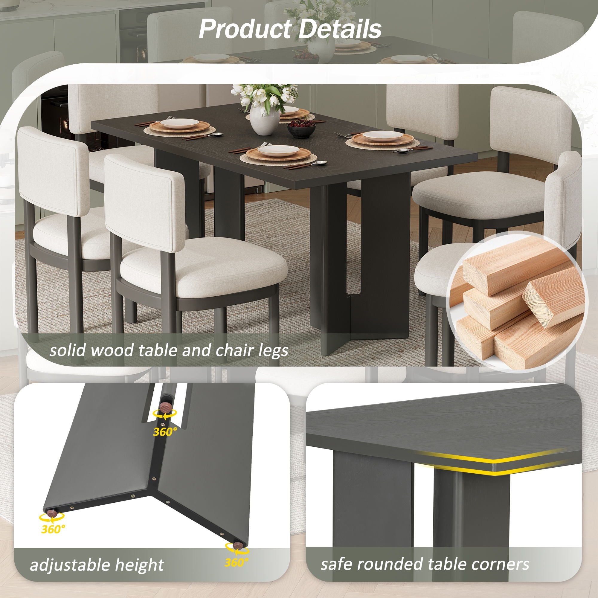 Dining Table Set With 6 Upholstered Chairs, Rectangular Table With Cutout Legs by Unique Piece Furniture