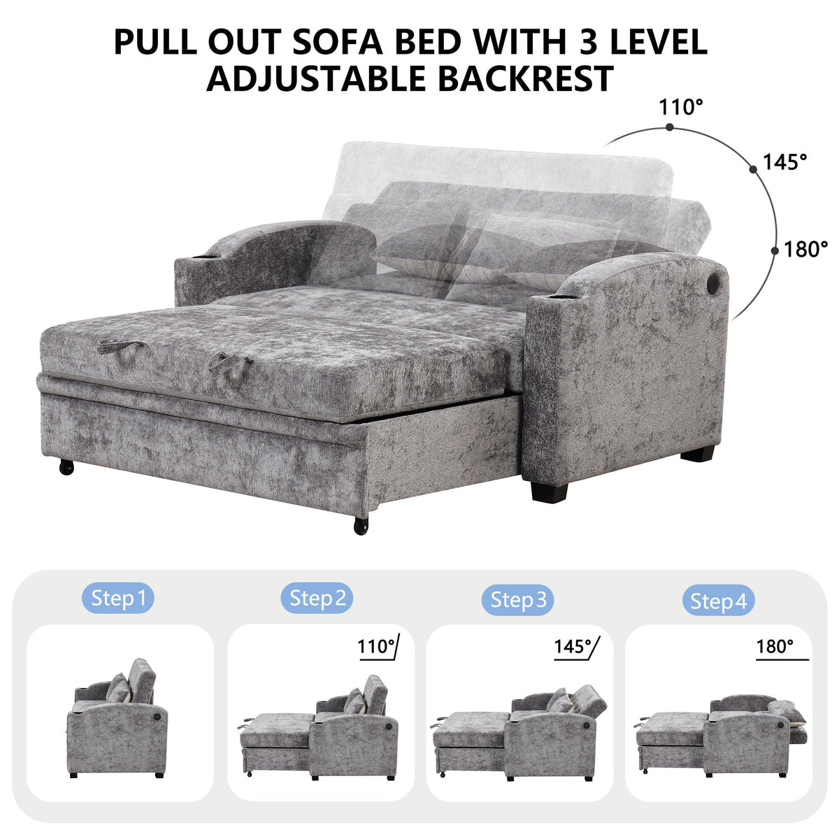 Pull Out Loveseat Sofa With Adjsutable Backrest, 2 Pillows, Cup Holders, USB Ports For Living Room by Unique Piece Furniture