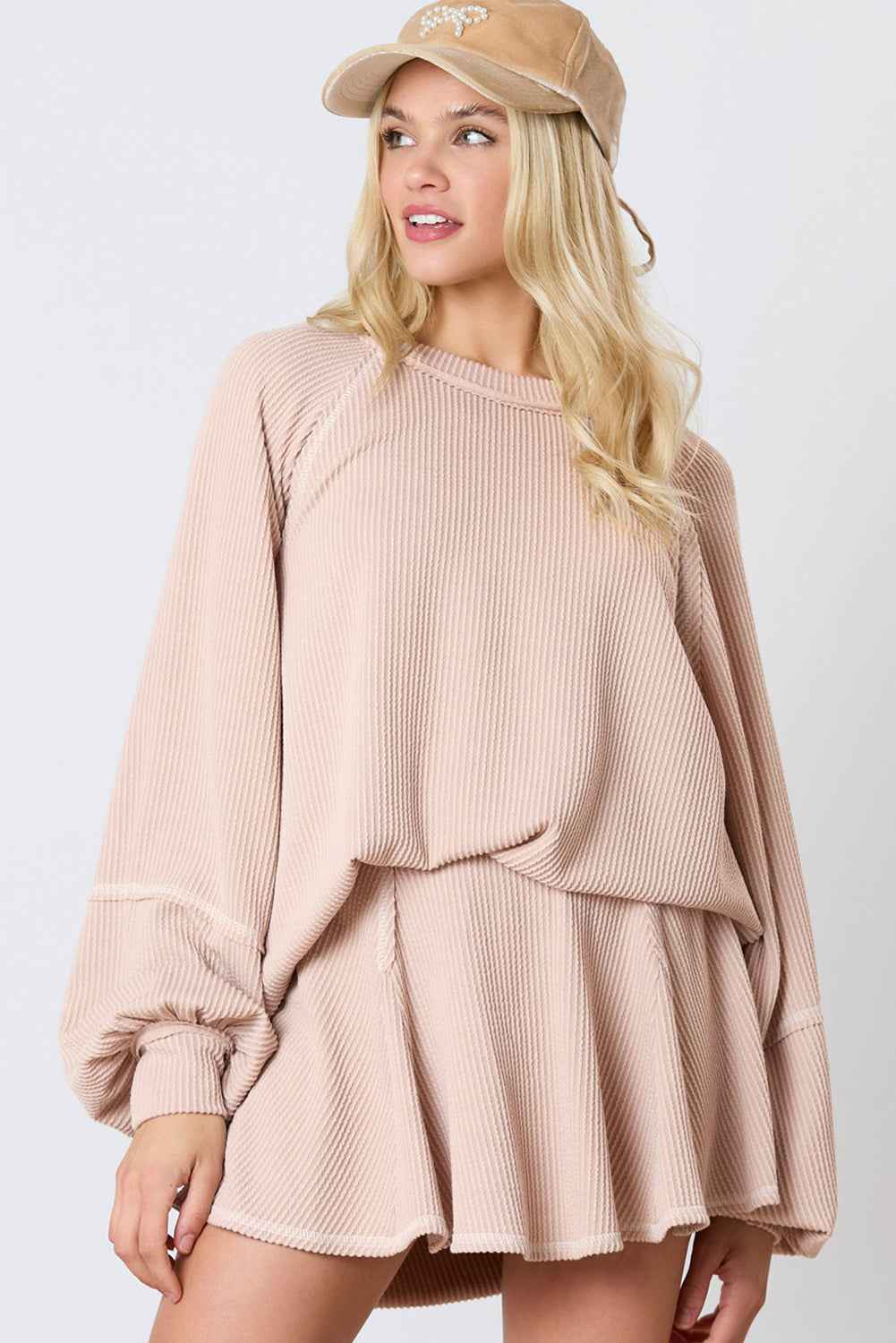 Jet Stream Corded Lantern Sleeve Top High Waist Ruffled Mini Skirt Set by Wild and Free Boutique