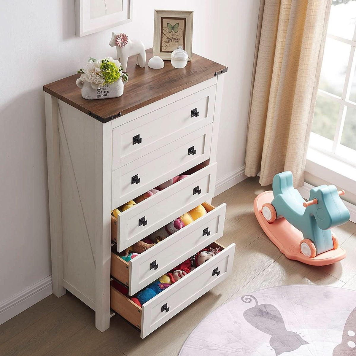 Antique White Rustic 5 Drawer Dresser For Bedroom Storage by ShipItFurniture