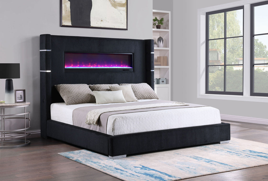 Tisdall Upholstered Queen Flame Visualizer Bed Black by Unique Piece Furniture