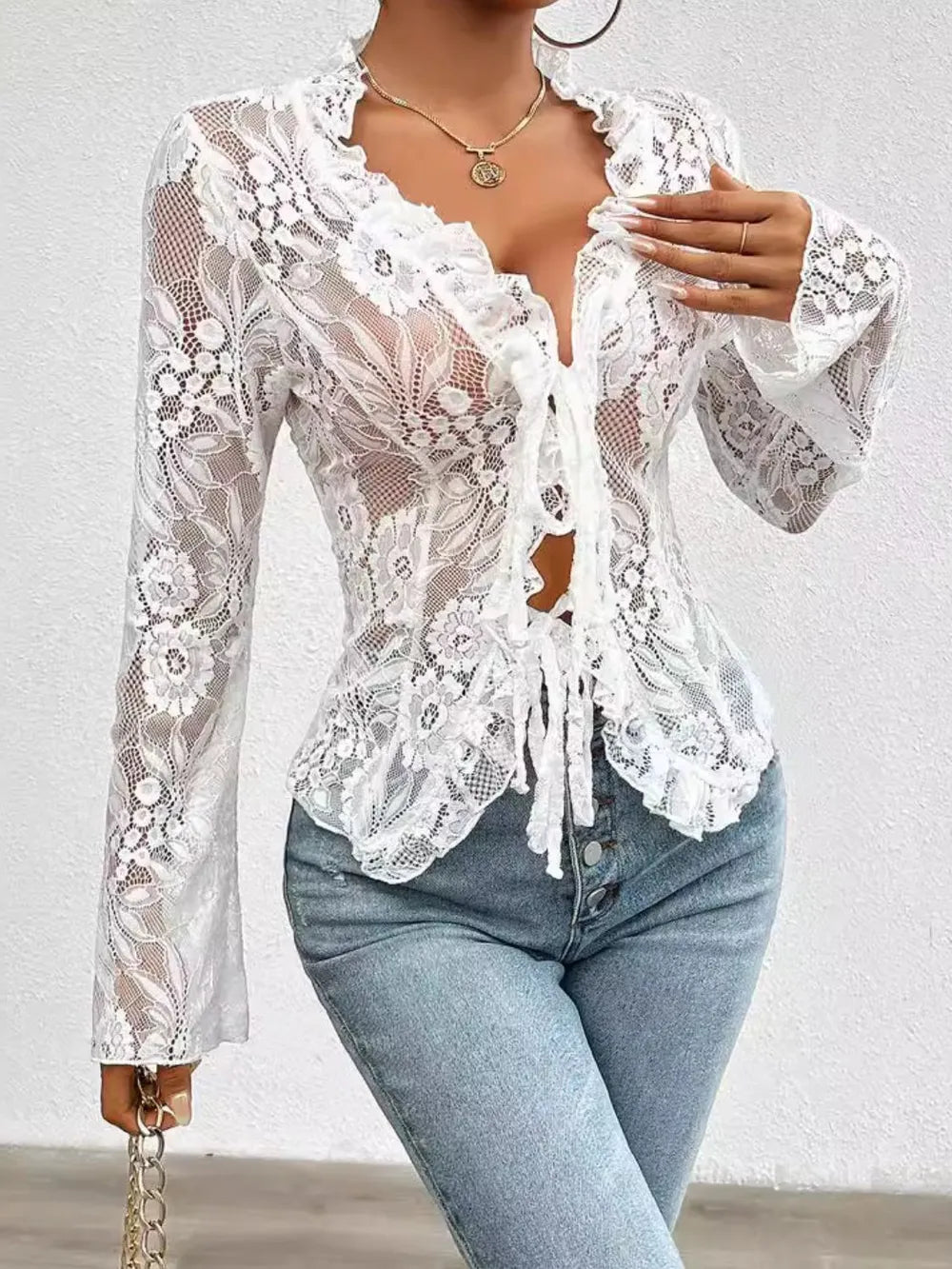 Tied V-Neck Long Sleeve Lace Top by Wild and Free Boutique