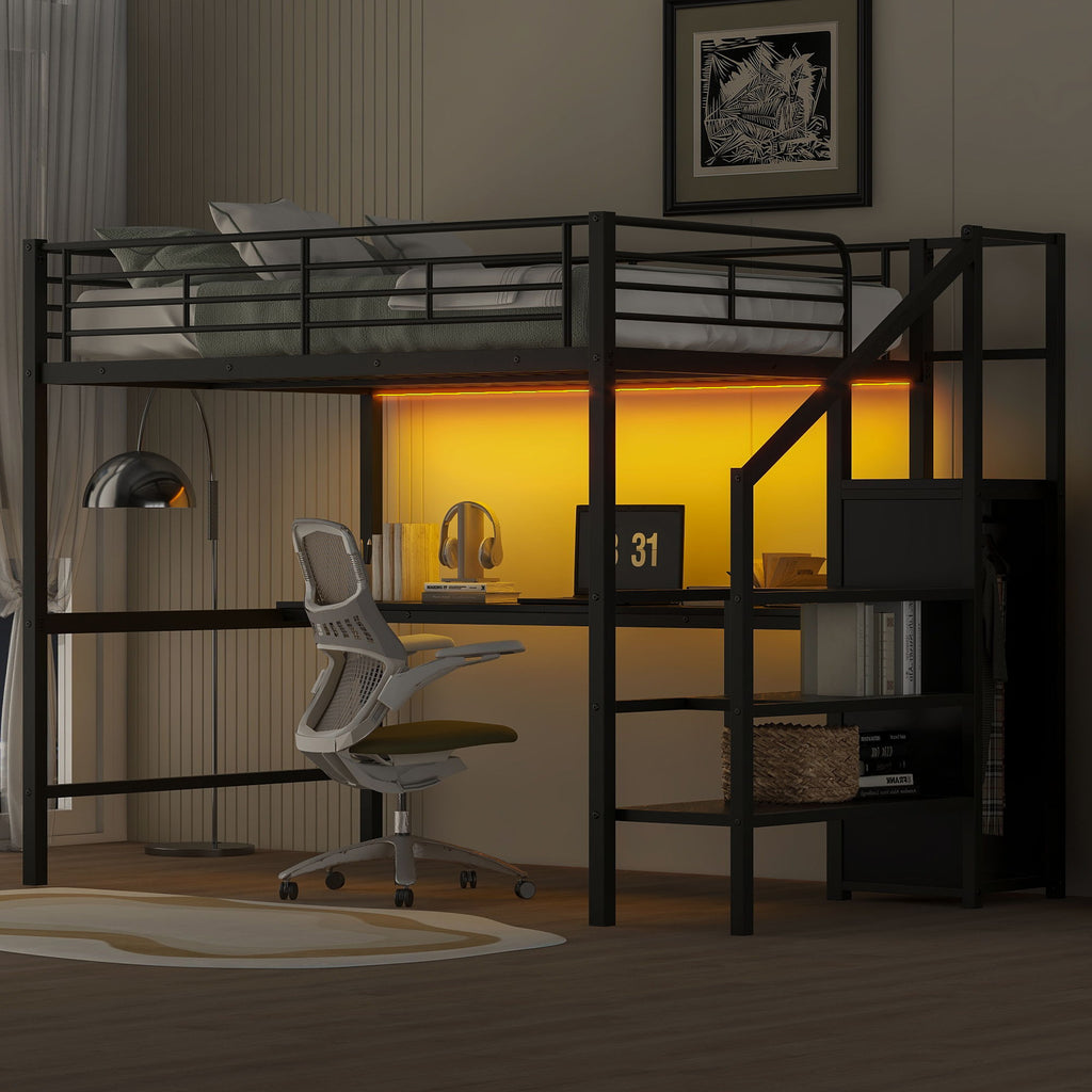 Full Size Loft Bed With Desk, Storage Staircase, Small Wardrobe And LED Light - Black by Unique Piece Furniture
