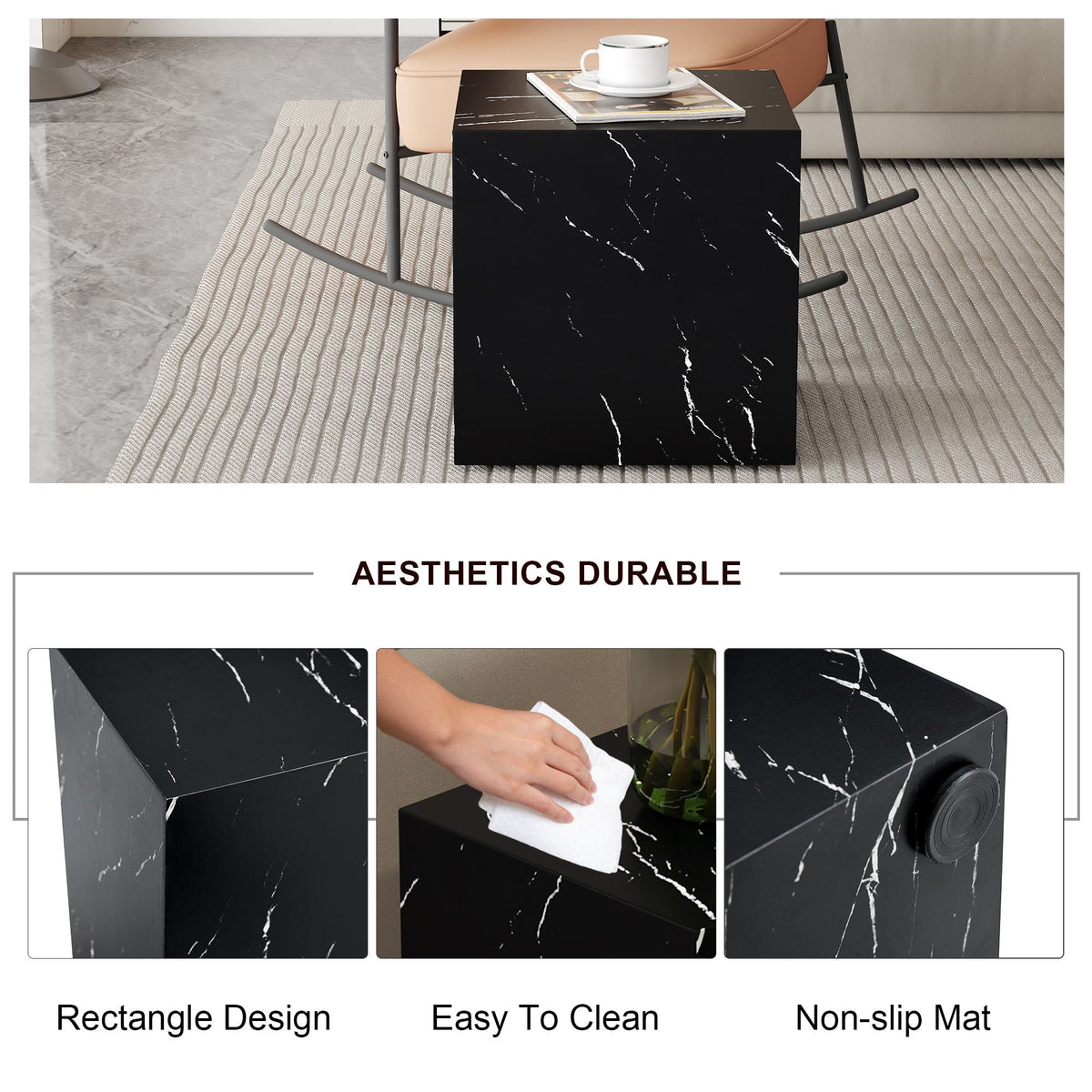 Luxurious Marble Texture Coffee Table Cube Design Elegant Living Room Accent - Black by Unique Piece Furniture