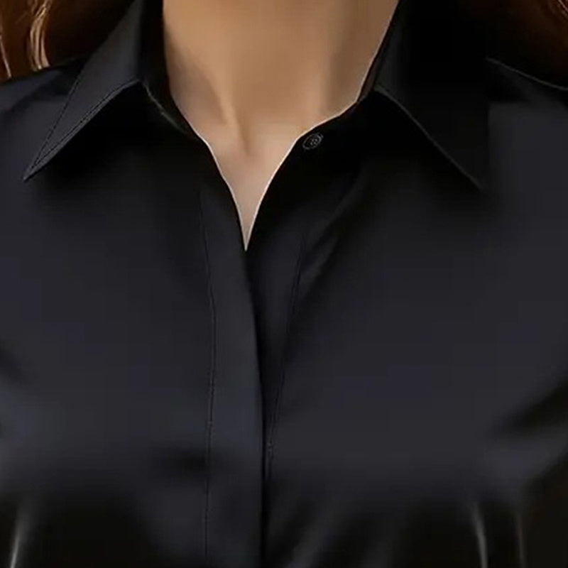 Loose Fit Satin Blouse — V-Neck Long Sleeve Tunic Top for Office & Casual Wear by FitiqueFit