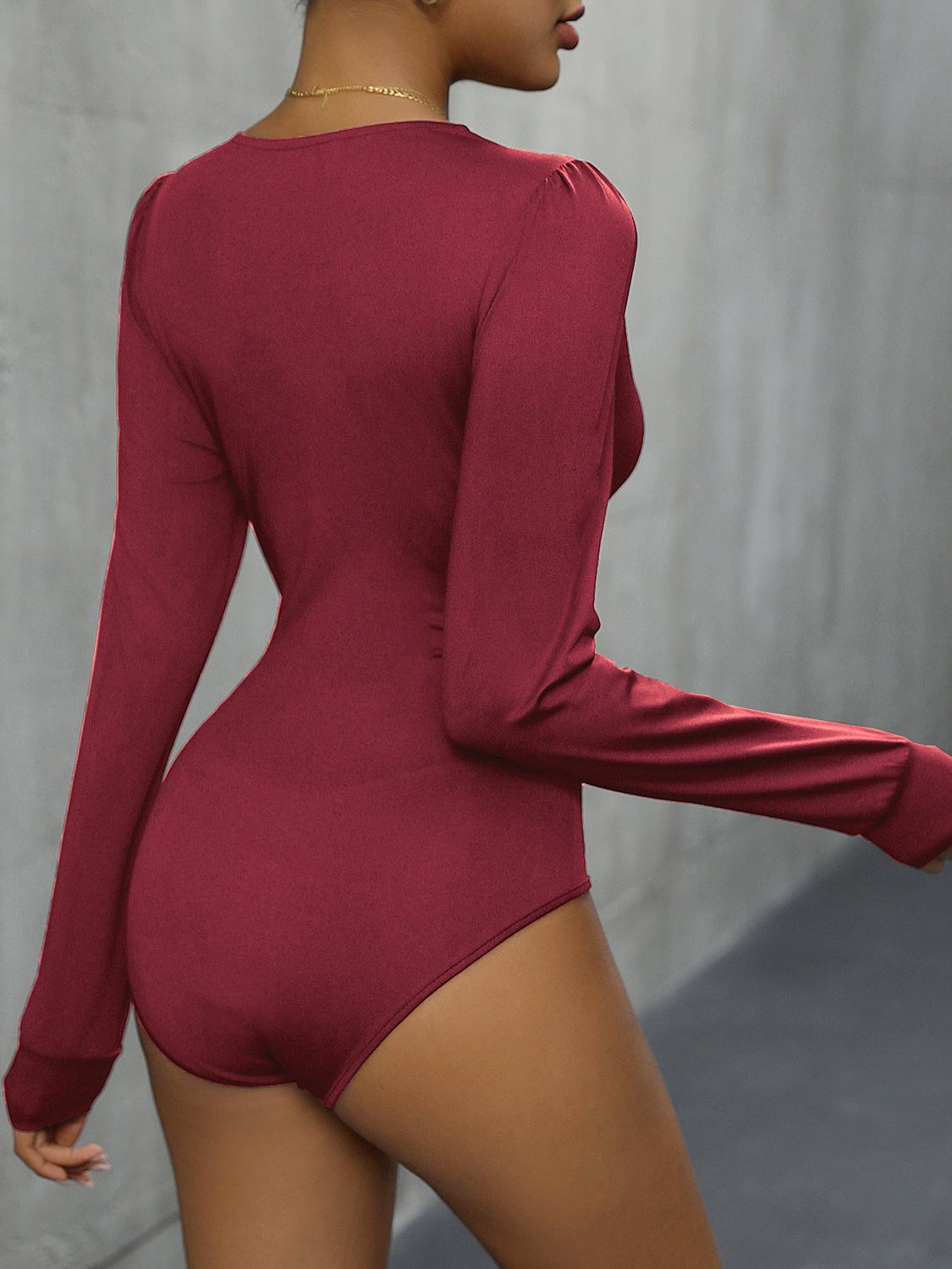 Perfee Lace Detail Plunge Long Sleeve Bodysuit by Wild and Free Boutique