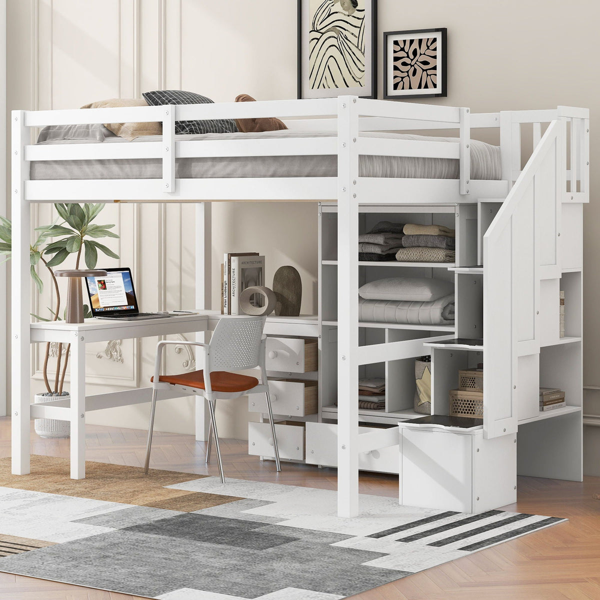 Loft Bed & L Shaped Desk, Drawers, Cabinet, And Storage Staircase by Unique Piece Furniture