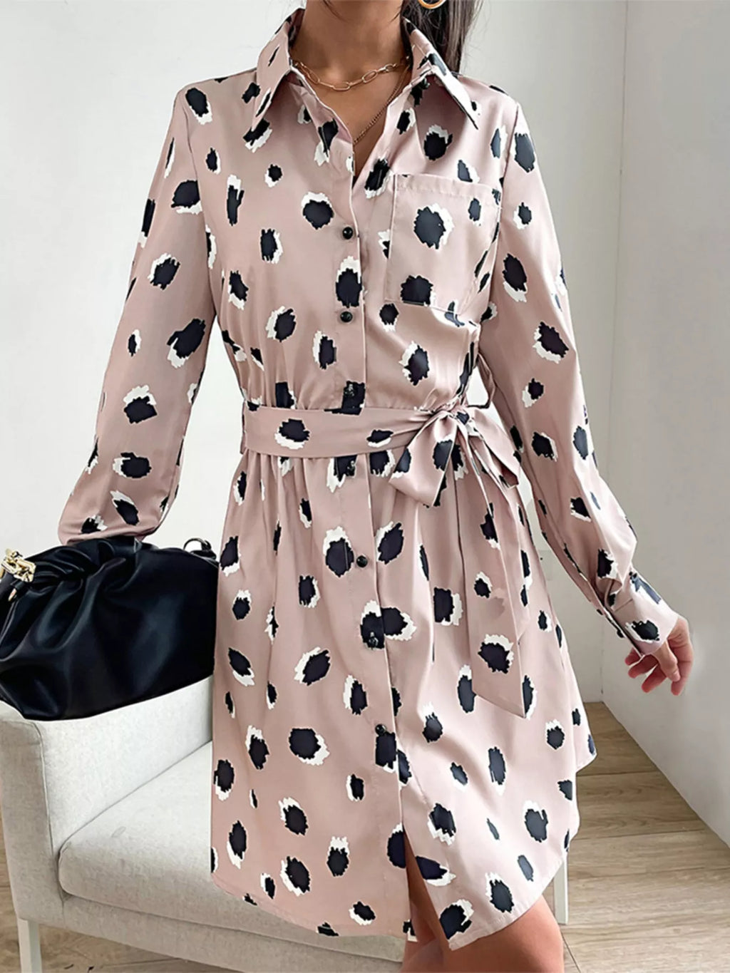 Printed Long Sleeve Mini Shirt Dress by Simply Love