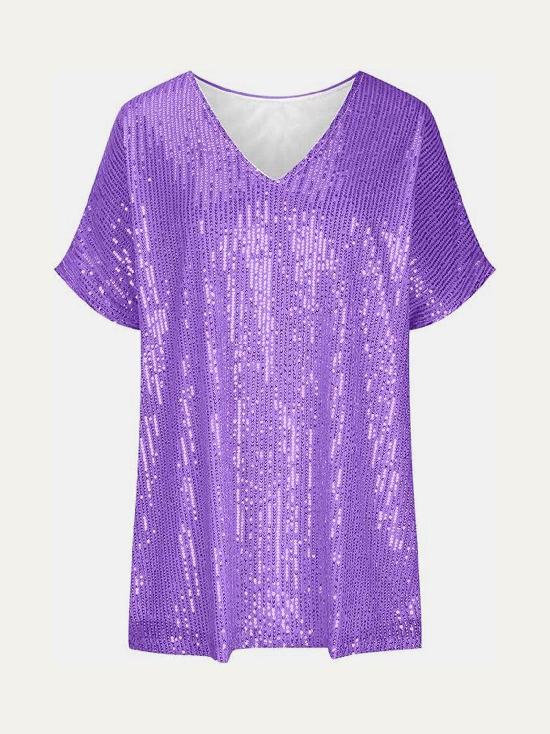 Full Size Sequin V-Neck Short Sleeve Top for Women by Selvanelle