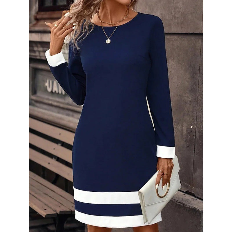 Fitted Color-Block Long-Sleeve Dress with Round Neckline by FitiqueFit
