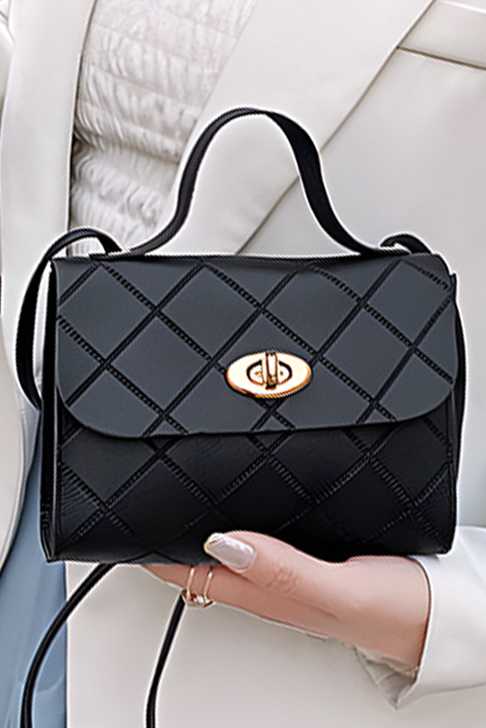 Black PU Leather Diamond Pattern Messenger Bag by Wild and Free Boutique