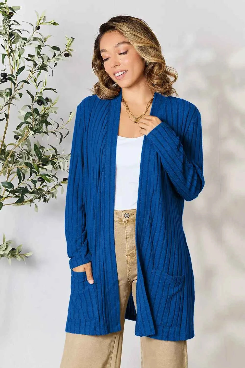 Basic Bae Full Size Ribbed Open Front Cardigan with Pockets by Wild and Free Boutique