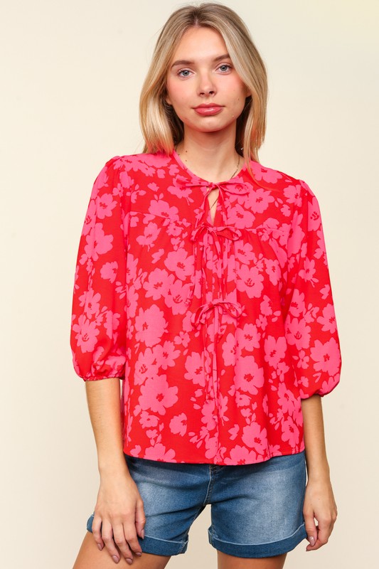 Haptics Full Size Ribbon Bow Floral Balloon Sleeve Blouse by Wild and Free Boutique