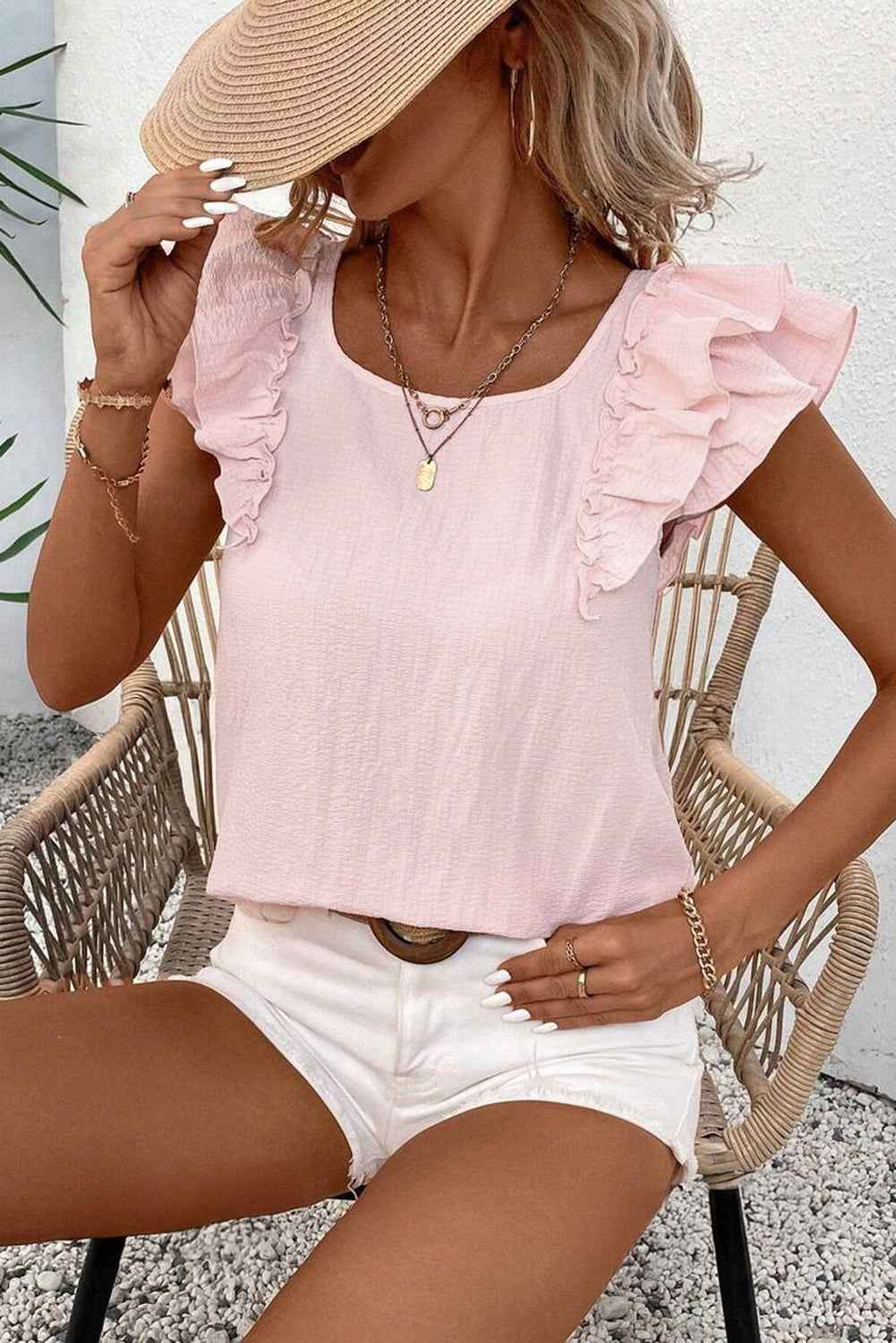 Gossamer Pink Textured Bow Frilled Ruffle Sleeve Blouse by Wild and Free Boutique