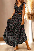 Black Multicolor Floral Ruffled Crop Top and Maxi Skirt Set by Wild and Free Boutique