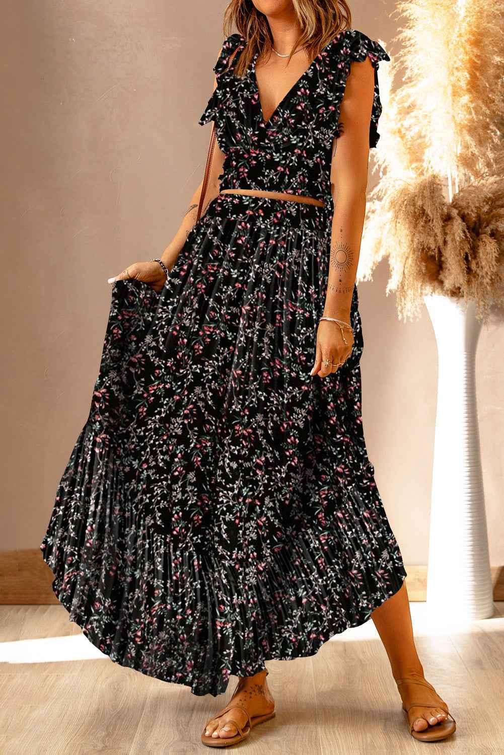 Black Multicolor Floral Ruffled Crop Top and Maxi Skirt Set by Wild and Free Boutique