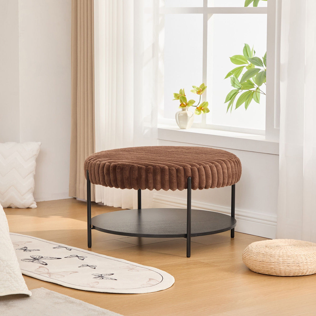 Modern Upholstered Round Ottoman Coffee Table With Storage Shelf by Unique Piece Furniture
