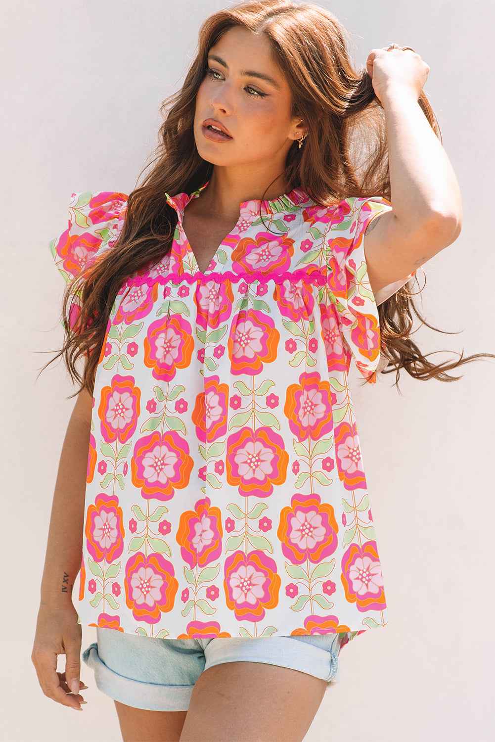 Rose Floral Ruffled Sleeve Ric-rac Trim Split Neck Loose Blouse by Dear-Lover Dropshipping