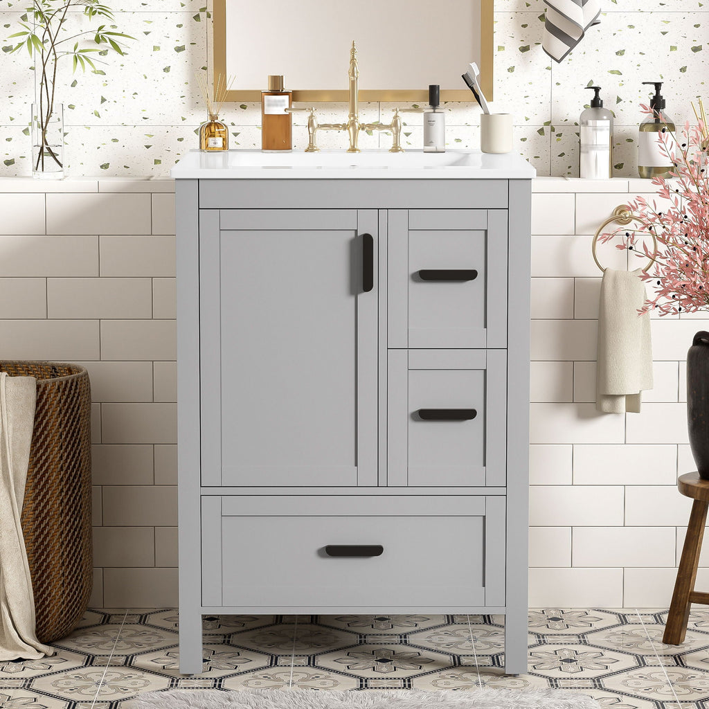 Bathroom Vanity With Sink, Soft Close Door, Double Layer Door Shelf And 3 Drawers - Gray by Unique Piece Furniture
