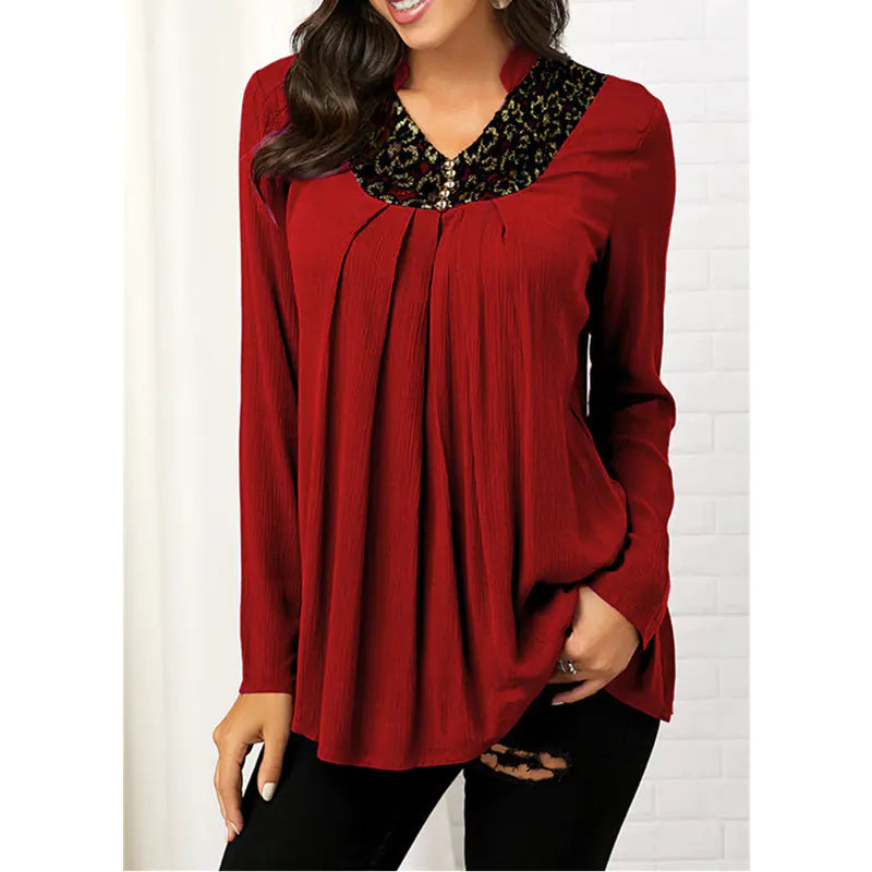 Printed V-neck Long Sleeve Lace Top. by Trendy Attic Store01