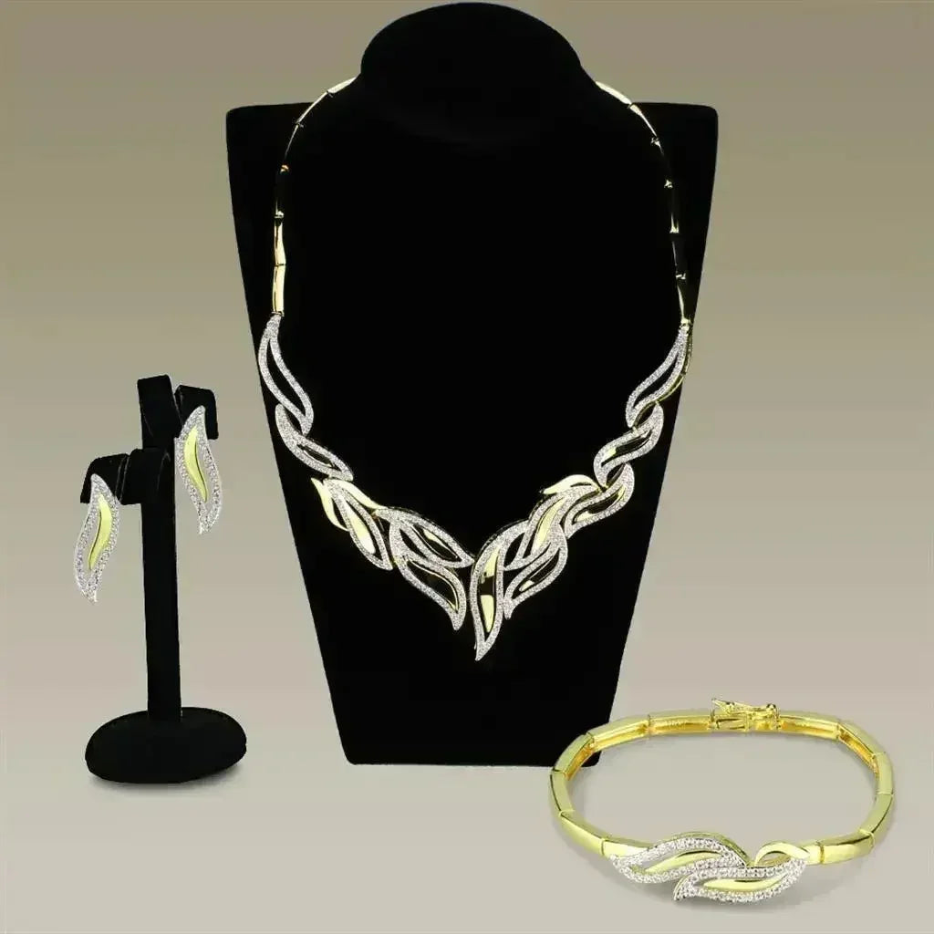 3W941 - Gold+Rhodium Brass Jewelry Sets with AAA Grade CZ in Clear by Femstylo
