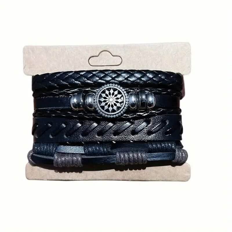 4-Piece Set: Exquisite Vintage-Style PU Leather Woven Handmade Charm Bracelets for Men by DailySale