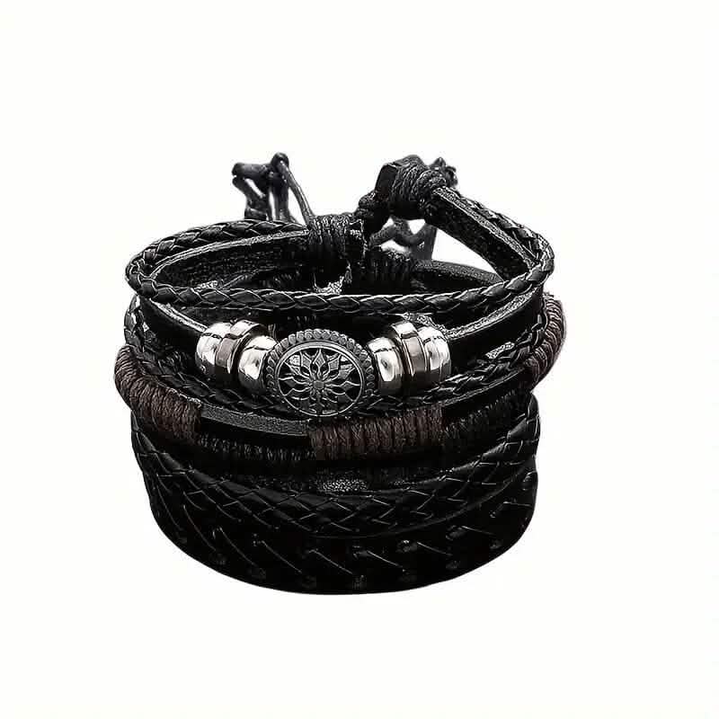 4-Piece Set: Exquisite Vintage-Style PU Leather Woven Handmade Charm Bracelets for Men by DailySale
