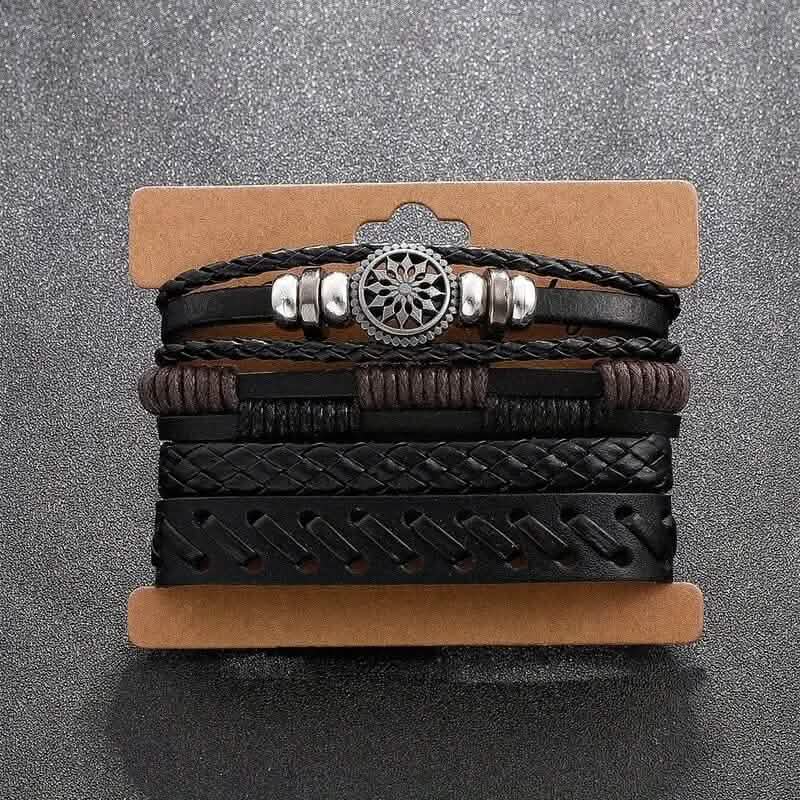 4-Piece Set: Exquisite Vintage-Style PU Leather Woven Handmade Charm Bracelets for Men by DailySale
