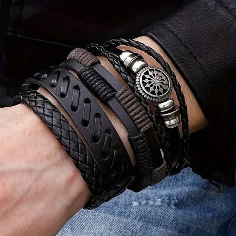 4-Piece Set: Exquisite Vintage-Style PU Leather Woven Handmade Charm Bracelets for Men by DailySale