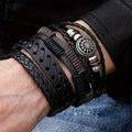 4-Piece Set: Exquisite Vintage-Style PU Leather Woven Handmade Charm Bracelets for Men by DailySale