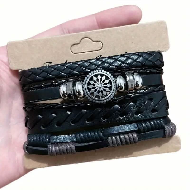 4-Piece Set: Exquisite Vintage-Style PU Leather Woven Handmade Charm Bracelets for Men by DailySale