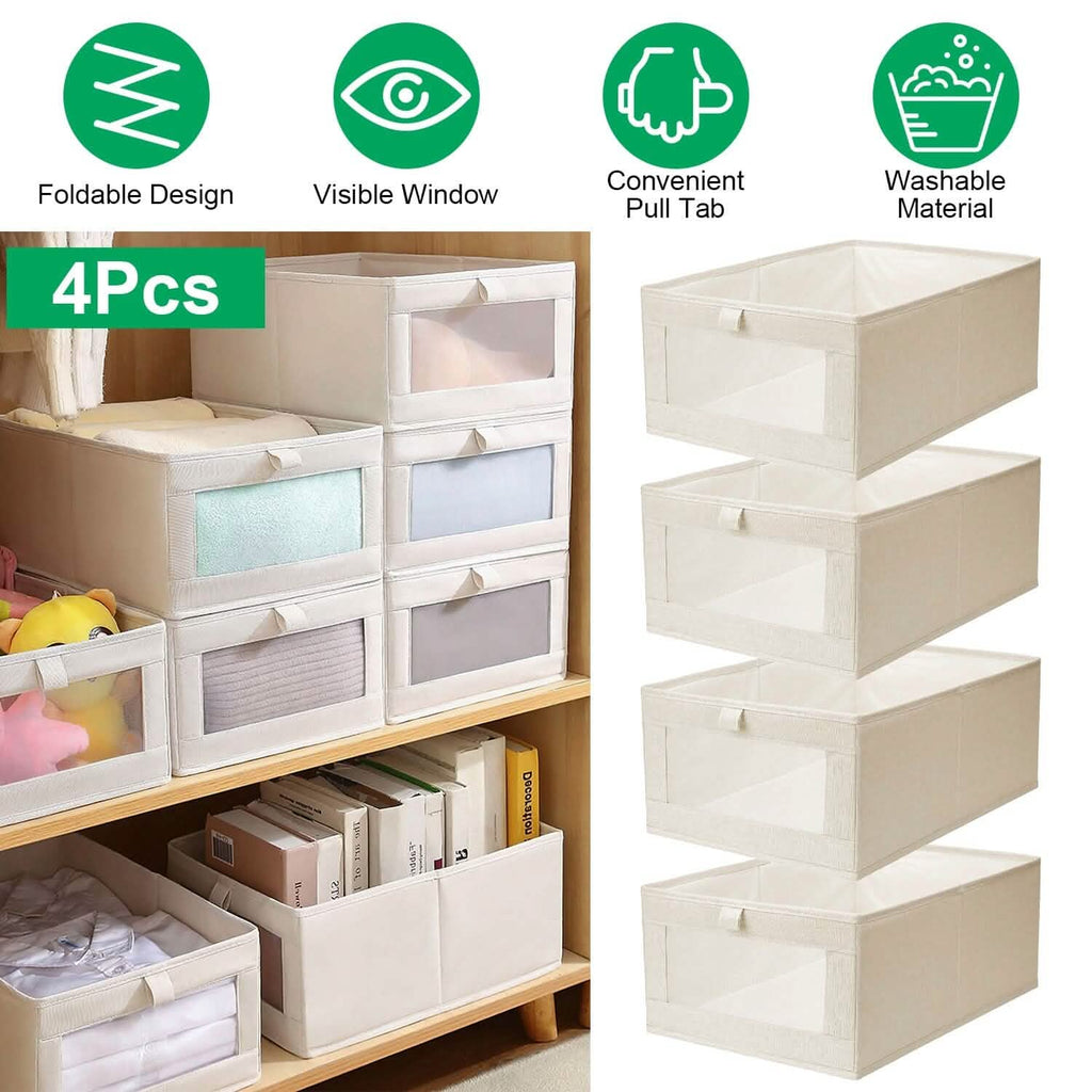 4-Pieces: Foldable Linen Clothing Storage Bin with Visible Clear Window by DailySale