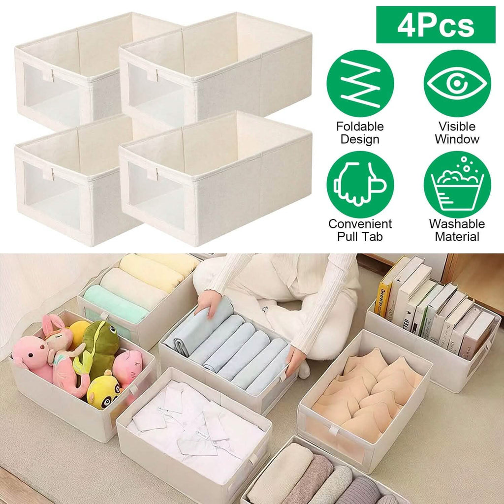 4-Pieces: Foldable Linen Clothing Storage Bin with Visible Clear Window by DailySale