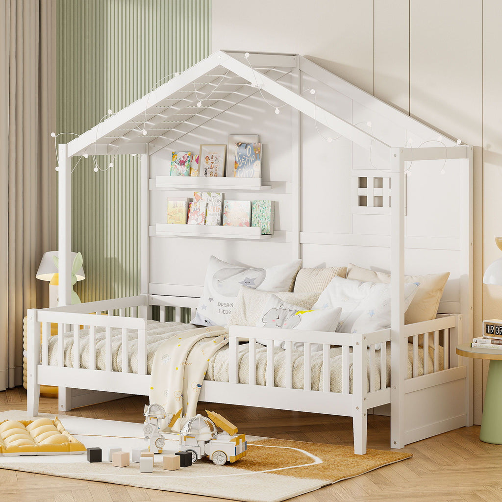 House Bed With Shelves, Window And Sparkling Light Strip On The Roof by Unique Piece Furniture