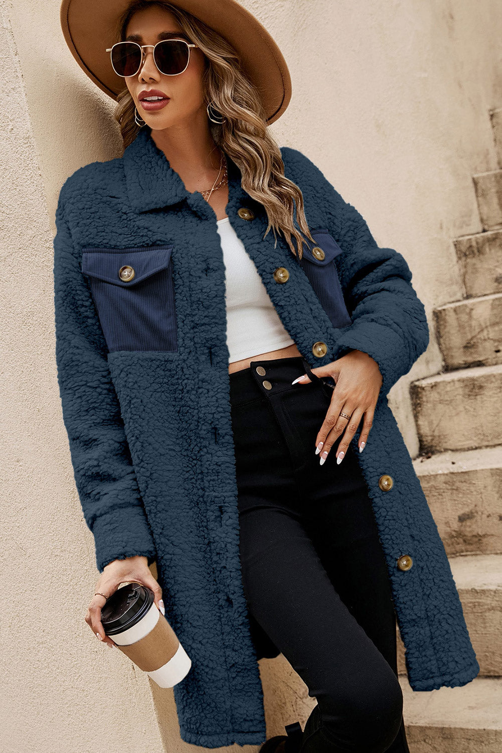 Blue Contrast Flap Pocket Single Breasted Teddy Coat by Dear-Lover Dropshipping