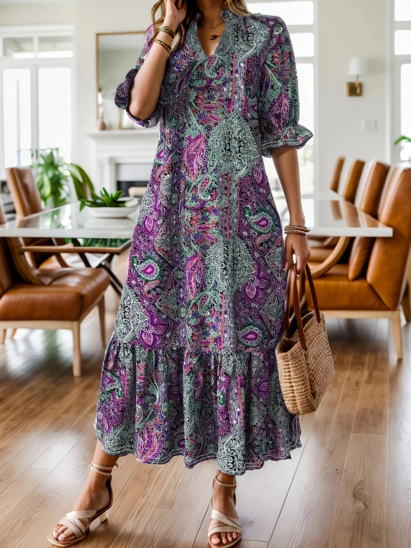 Bohemian Paisley Print Ruffle Hem Midi Dress by Shopiebay