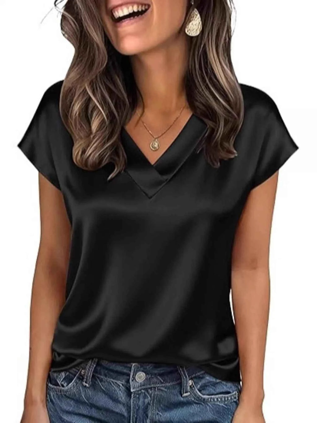 Satin V-Neck Short Sleeve Blouse by Wild and Free Boutique