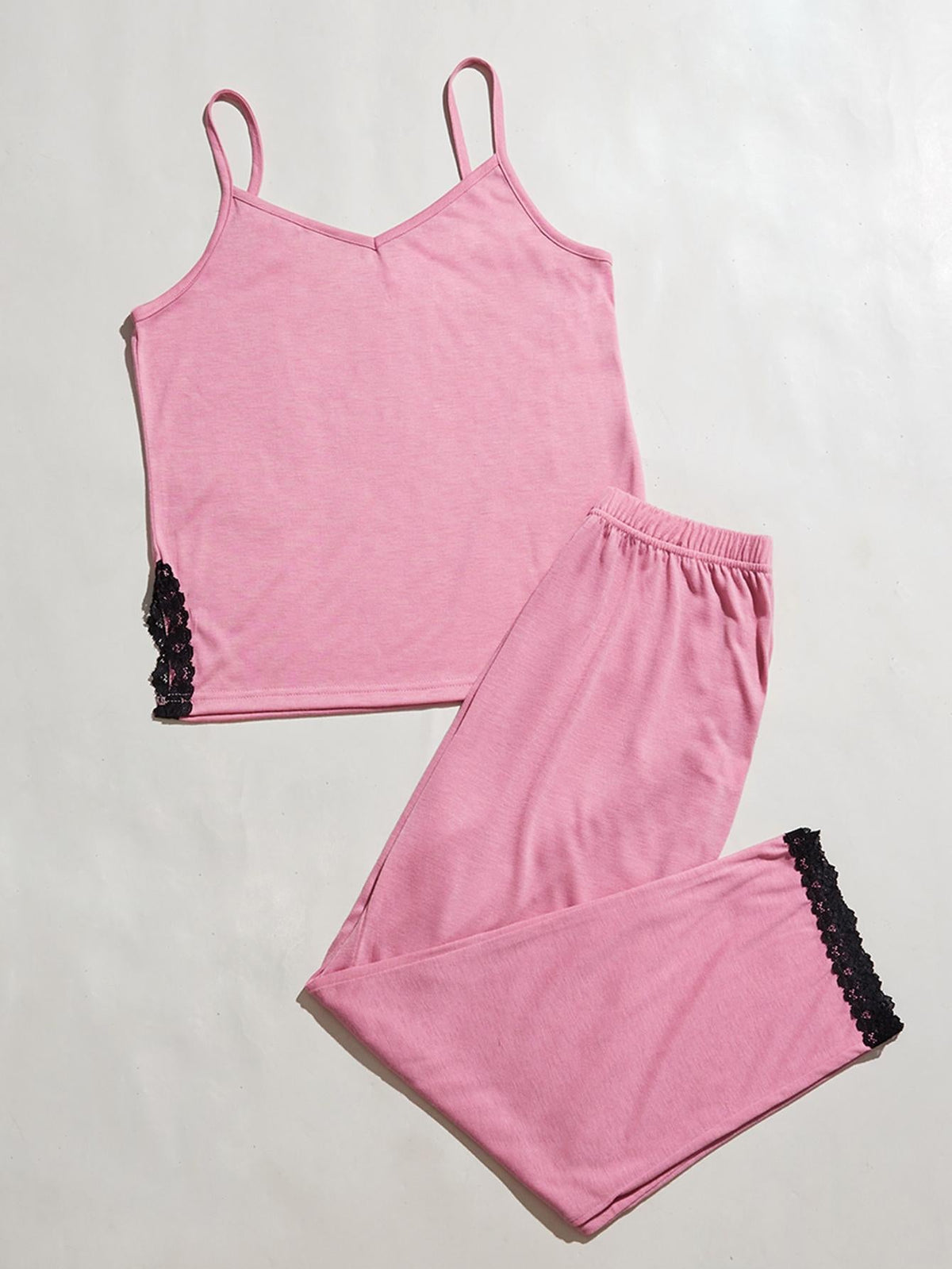 V-Neck Lace Trim Slit Cami and Pants Pajama Set by Wild and Free Boutique