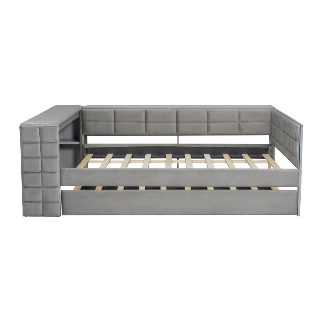 Upholstered Platform Bed With Storage Shelves, Desk, Charging Station And Trundle by Unique Piece Furniture