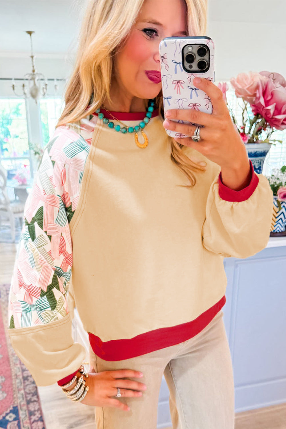 Beige Bowknot Printed Patchwork Raglan Sleeve Colorblock Edge Top by Wild and Free Boutique